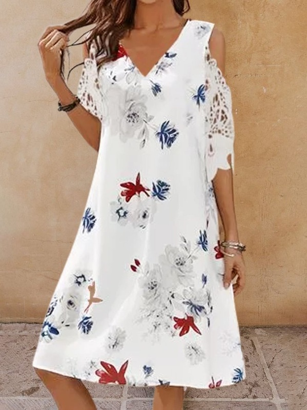 V Neck Floral Cotton Blend Holiday Weaving Handmade Dress