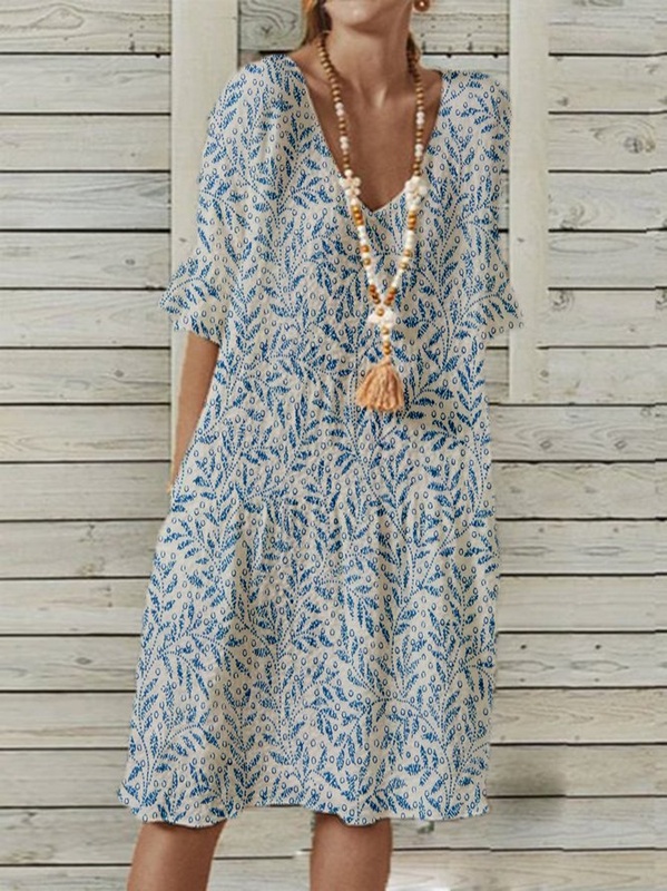 Polyester Cotton V Neck Pastoral Short Sleeve Weaving Handmade Dress