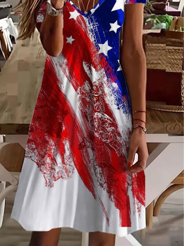 Casual Printed V neck Short Sleeve Knit Handmade Dress