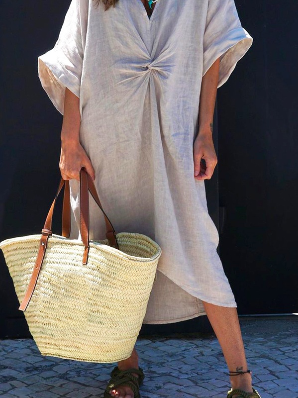 Cotton Plain Casual Loose Handmade Dress