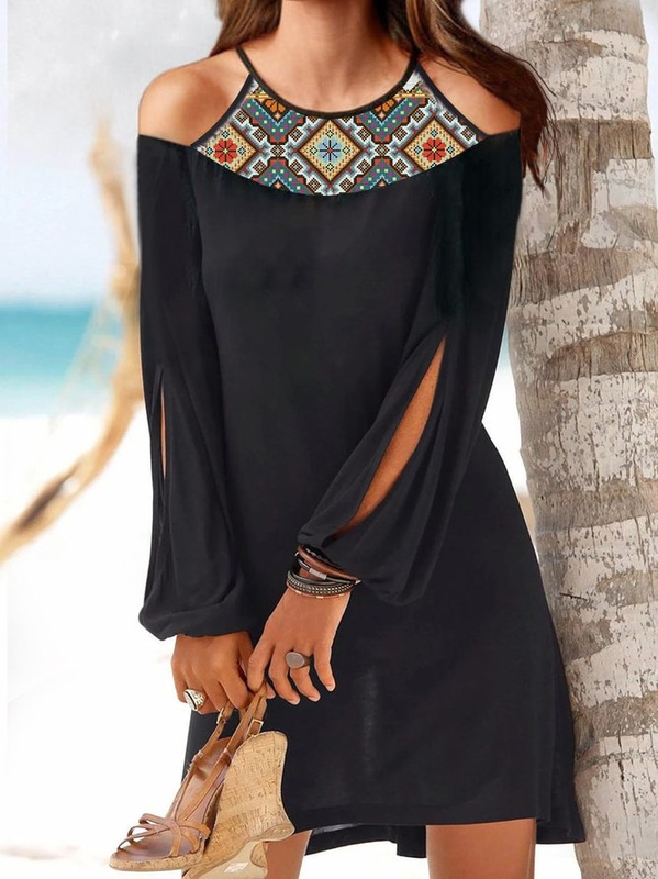 Polyester Cotton Long Sleeve Paneled Abstract Knitting Handmade Dress