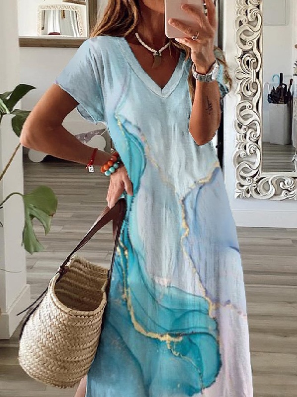 Casual V neck Printed Short Sleeve Knit Handmade Dress