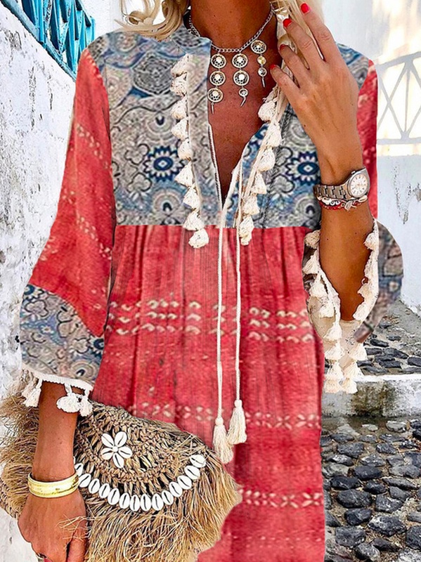 Casual Loosen Tribal Long Sleeve Woven Handmade Dress