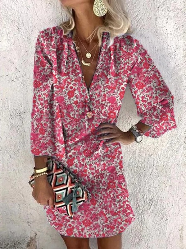 Floral Vacation Loose V Neck Three Quarter Handmade Dress