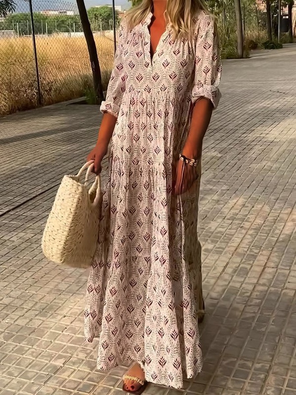 V Neck Casual Printing Ethnic Handmade Dress