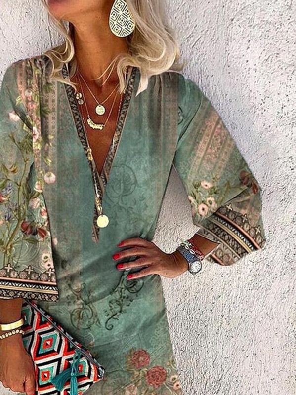 Floral V Neck Casual Three Quarter Handmade Dress