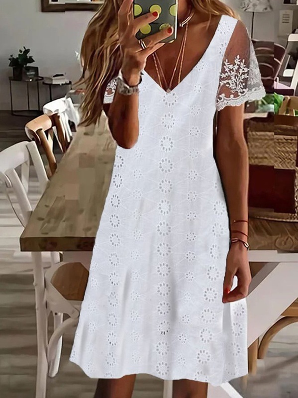 Casual Plain V Neck Lace A Line Handmade Dress
