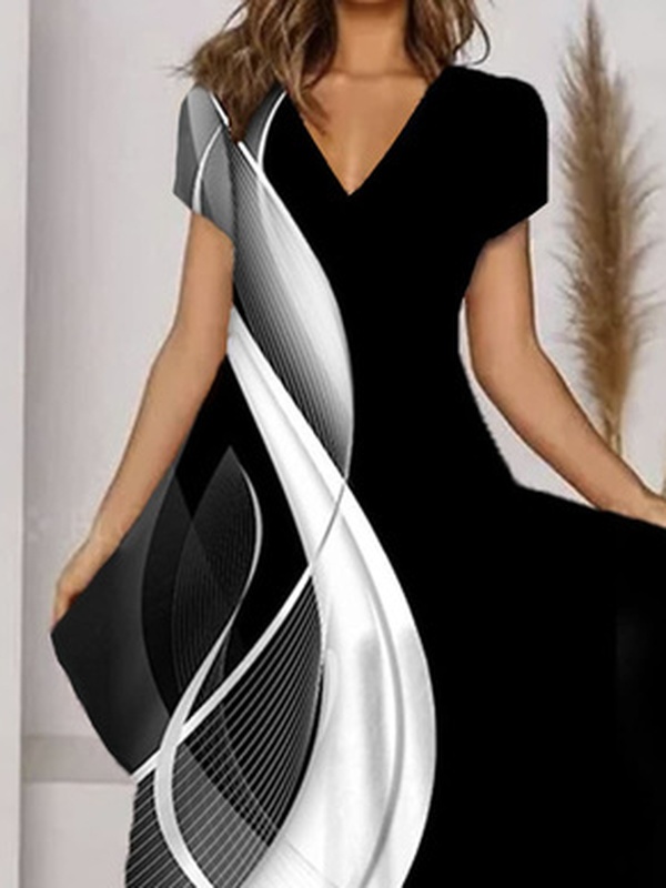 Regular Fit Black And White Colorblock V Neck Casual Handmade Dress