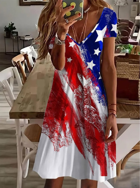 Casual Printed V neck Short Sleeve Knit Handmade Dress