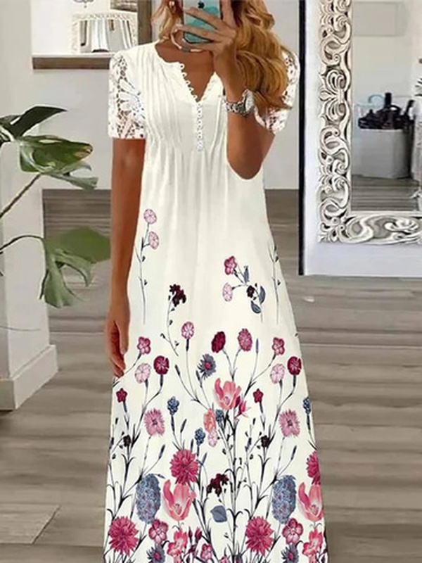 Floral Lace Short Sleeve Buckle Notched Casual Handmade Dress