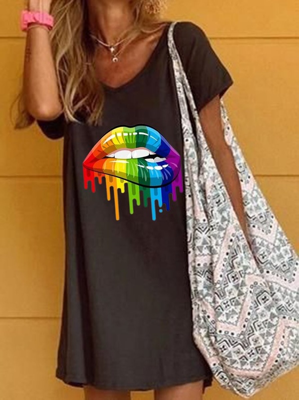 Black Printed V Neck Casual Party Daily Short Sleeve Shift