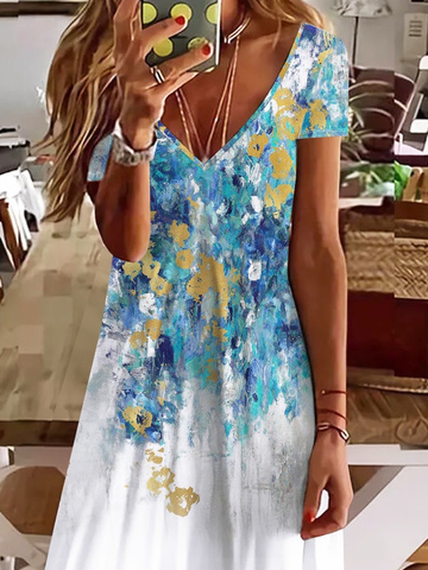 Loose Abstract Printed V Neck Casual Handmade Dresses
