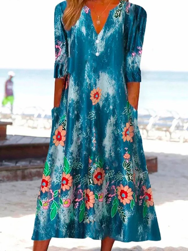 Casual Floral V Neck Short Sleeve Woven Handmade Dress