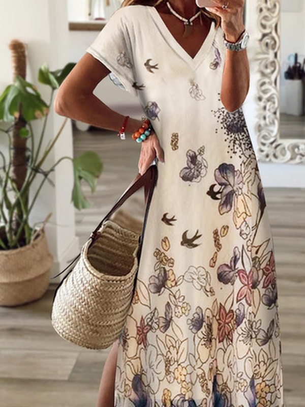 Floral Printed Casual Loose V Neck Handmade Dress