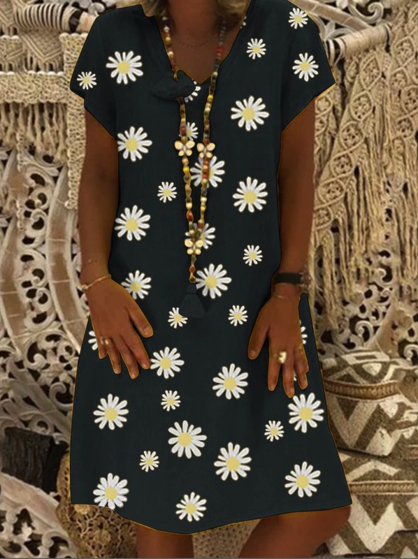 Casual vintage V neck short sleeve daisy Handmade Dress