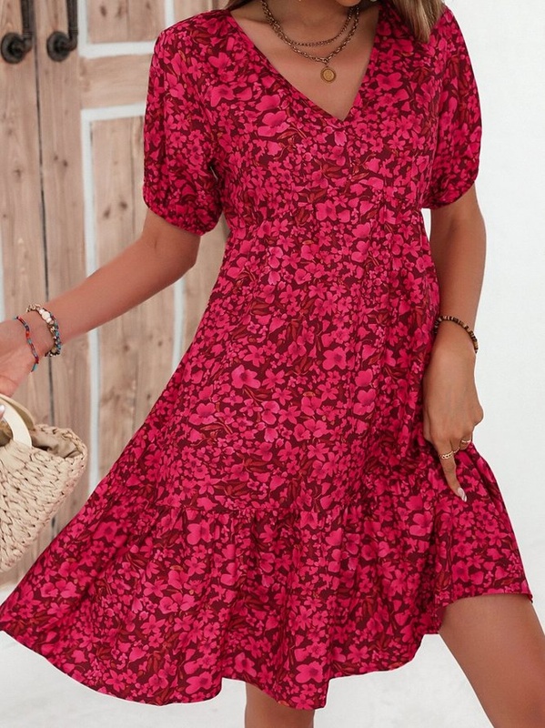 Printing V Neck Loose Casual Handmade Dress
