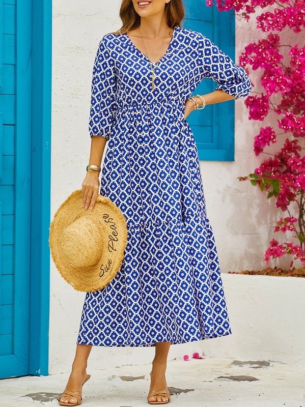 Geometric Casual Vacation Three Quarter A Line Handmade Dress