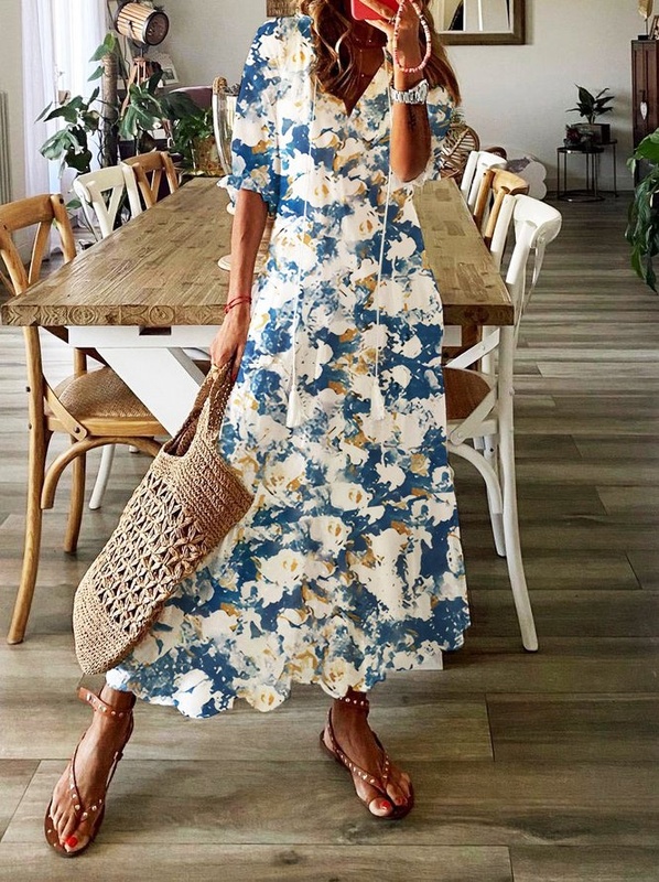 V Neck Loose Casual Jersey Handmade Dress