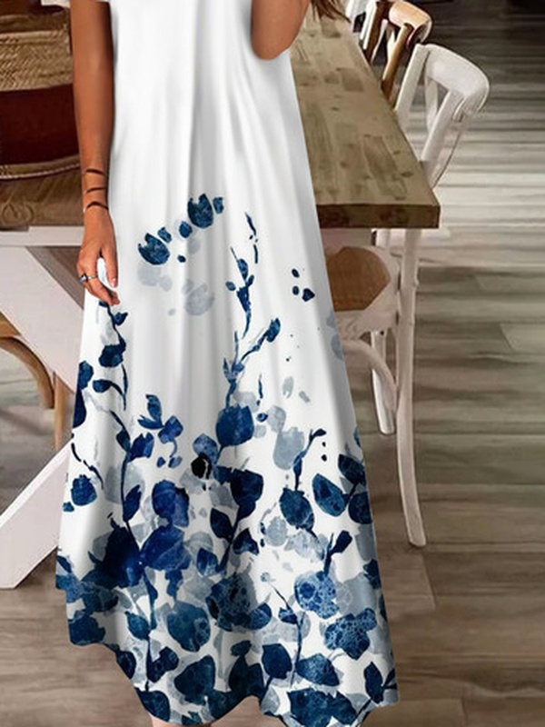 Square Neck Hollow Out Casual Floral Printed Handmade Dress