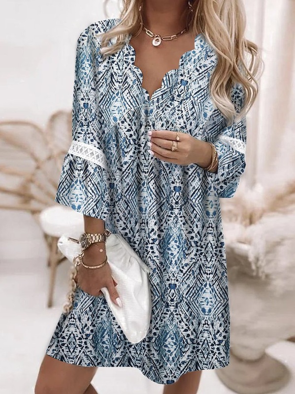 Printed Casual Short Sleeve Woven Handmade Dress