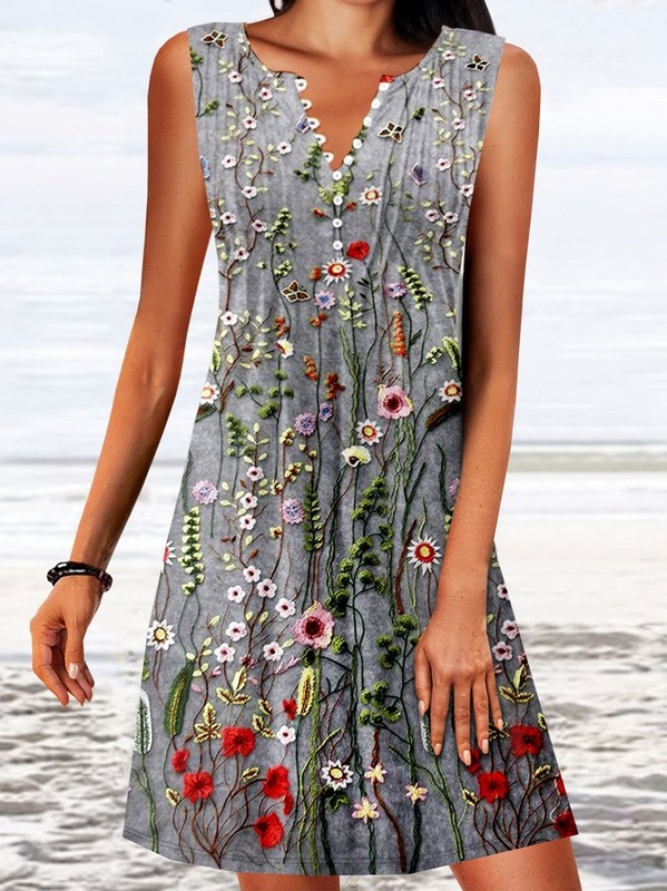 Notched Casual Floral Printed Buckle Handmade Dress