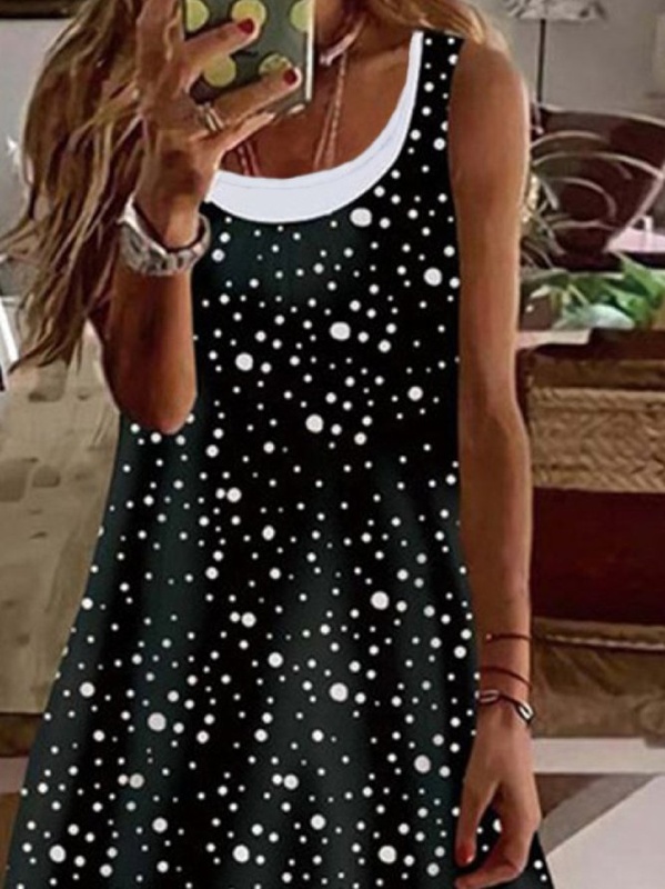 Casual Polka Dots Loosen Crew Neck Short Sleeve Knit Handmade Dress