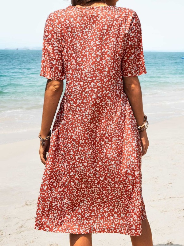 Hlaf Sleeve Round Neck Floral Print Causal Midi Handmade Dress