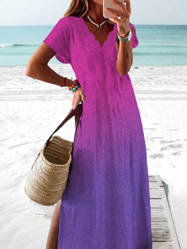 Womens Short sleeve Handmade Dress Maxi long Handmade Dress Casual Color Gradient