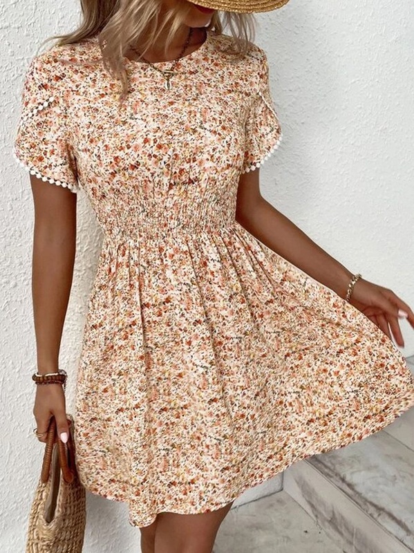 Floral Vacation Crew Neck Handmade Dress