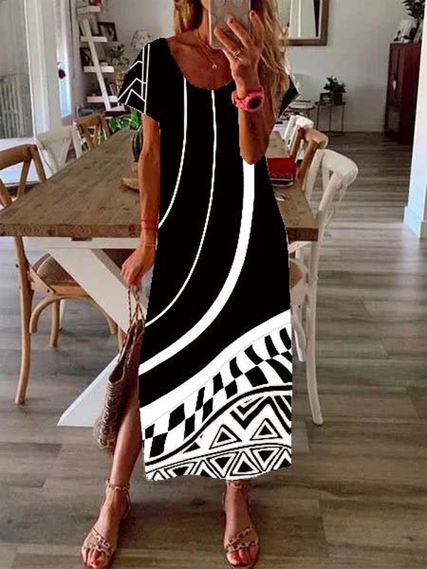 Crew Neck Geometric Loose Casual Boho Handmade Dress