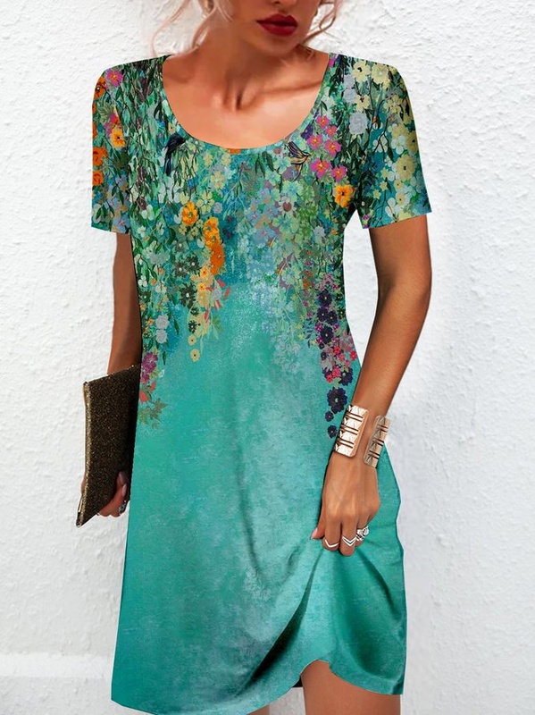 Floral Printed Crew Neck Jersey Casual Handmade Dress