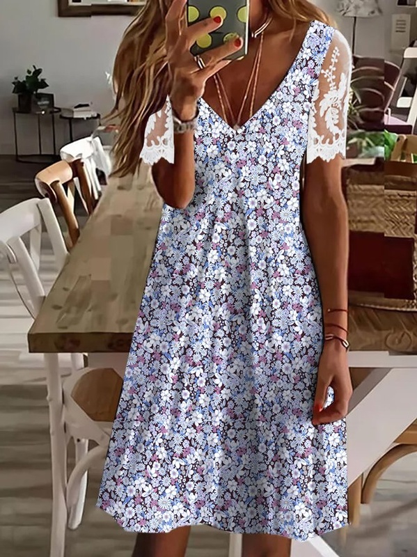 Jersey Casual V Neck Floral Handmade Dress