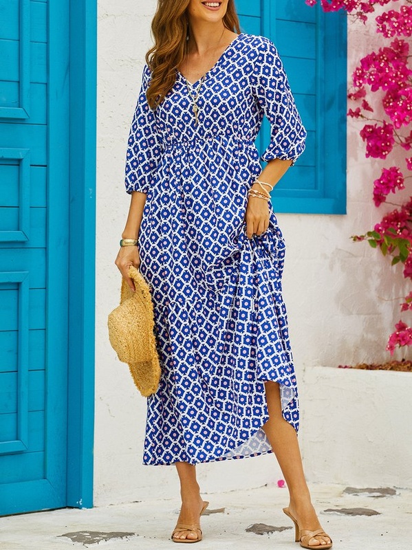 Geometric Casual Vacation Three Quarter A Line Handmade Dress