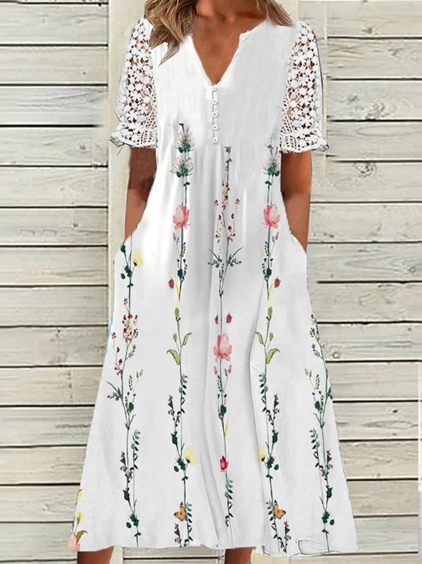 Womens Loose Casual V Neck Short Sleeve Jersey Handmade Dress