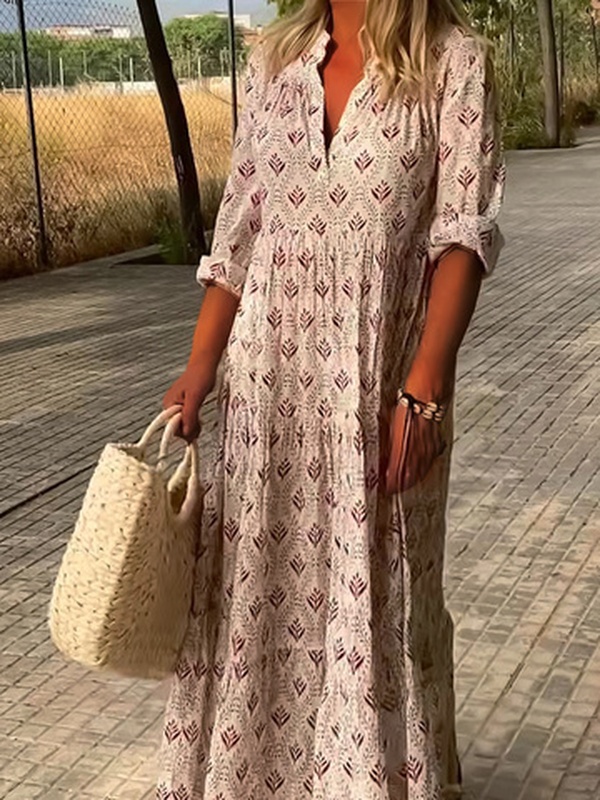 V Neck Casual Printing Ethnic Handmade Dress