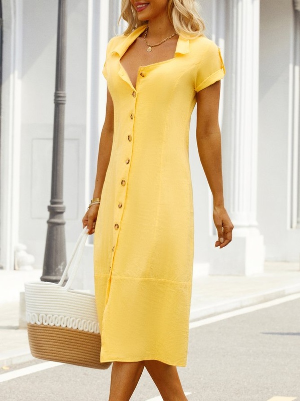 Summer Buttoned Solid Casual Shirt Weaving Handmade Dress