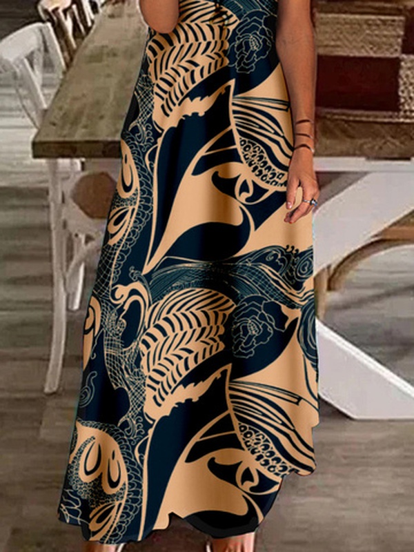 Abstract Short Sleeve V Neck Casual Long Handmade Dress