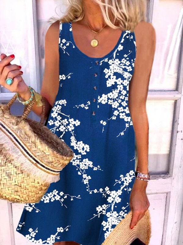 Loose Crew Neck Floral Handmade Dresses