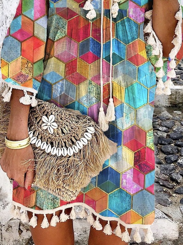 Tassel Geometric V Neck 3 4 Sleeve Casual Handmade Dresses