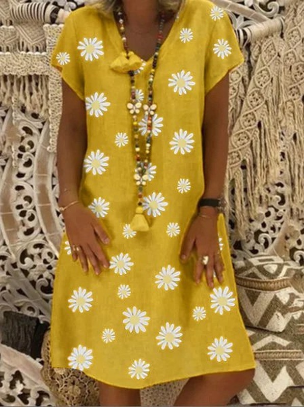 Casual vintage V neck short sleeve daisy Handmade Dress