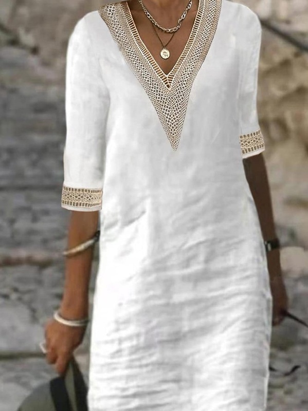 Plain Casual V Neck Cotton Handmade Dress