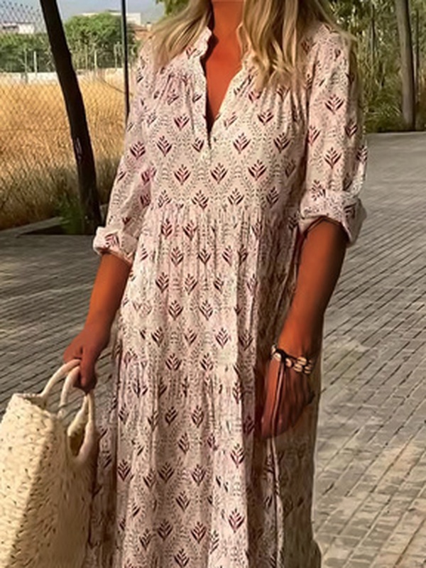 V Neck Casual Printing Ethnic Handmade Dress