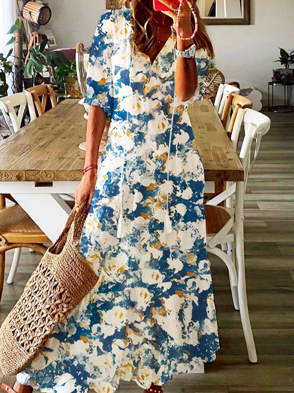 V Neck Loose Casual Jersey Handmade Dress