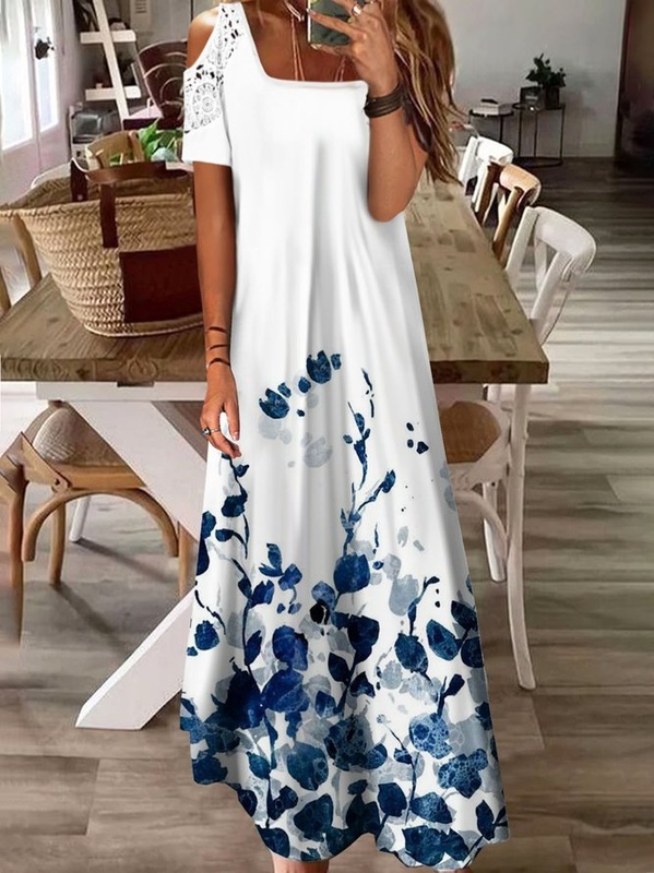 Square Neck Hollow Out Casual Floral Printed Handmade Dress