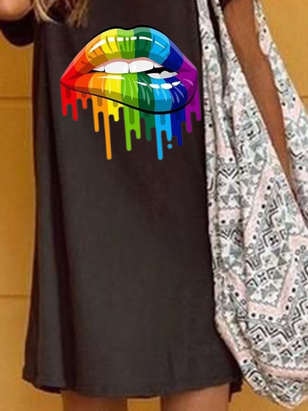 Black Printed V Neck Casual Party Daily Short Sleeve Shift