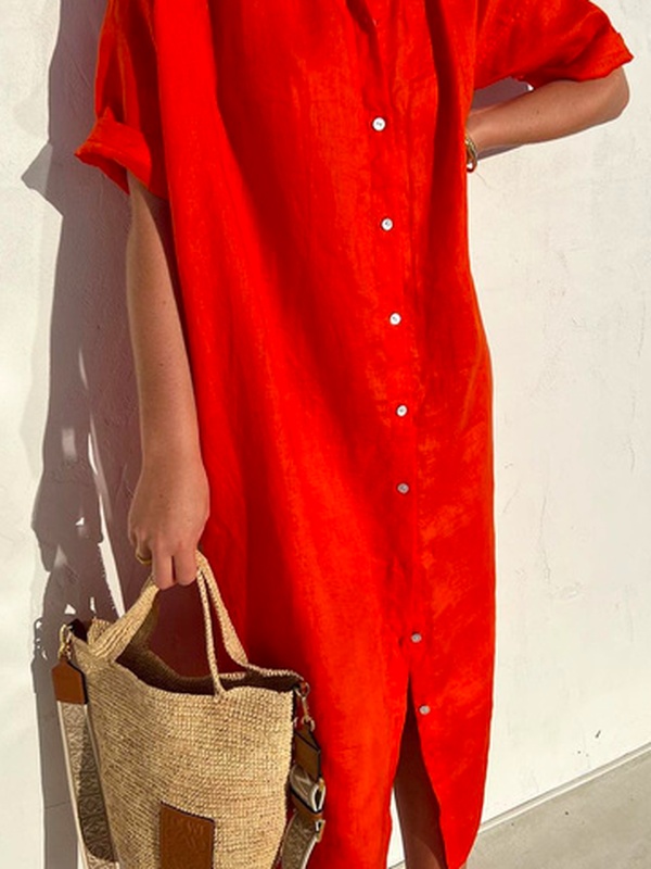 Loose Shirt Collar Casual Cotton Handmade Dress