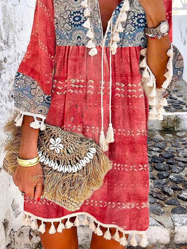 Casual Loosen Tribal Long Sleeve Woven Handmade Dress