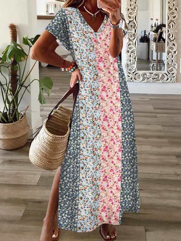 Jersey Casual Loose Floral Printed V neck Handmade Dress