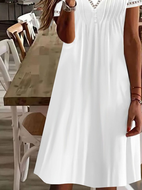 Buckle Plain Casual Patchwork lace Jersey Handmade Dress