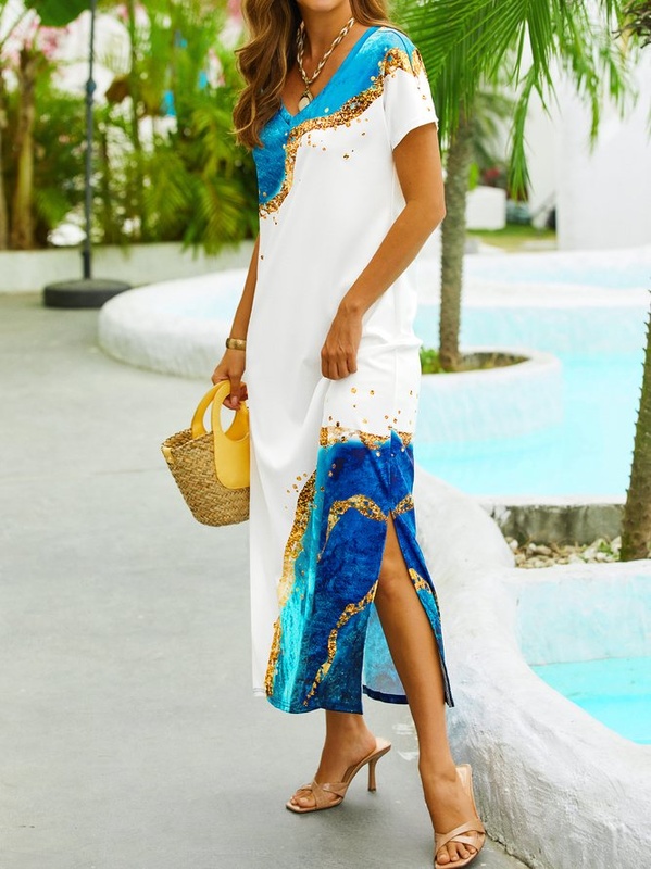 V Neck Jersey Casual Abstract Printed Handmade Dress